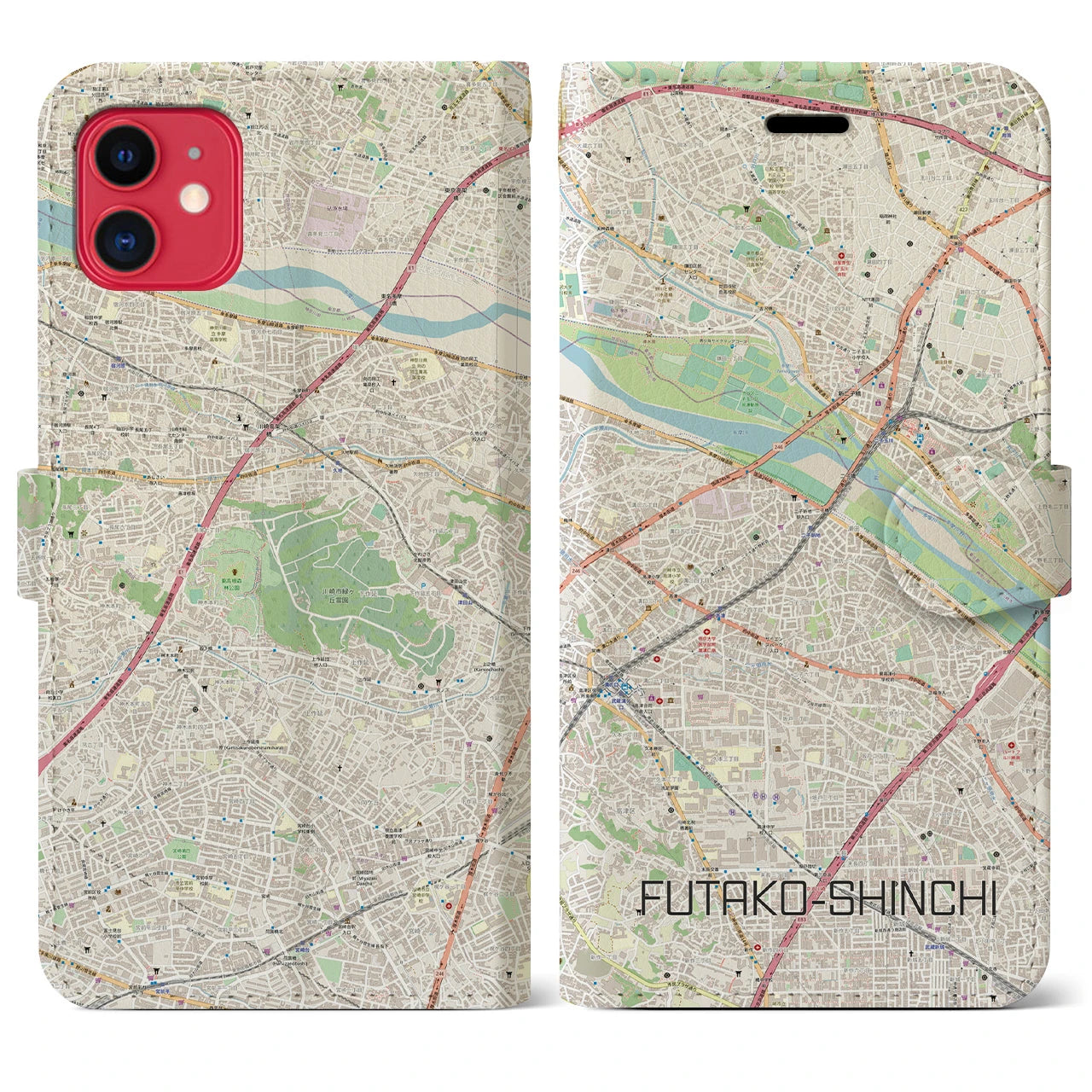 【二子新地(神奈川県)】地図柄iPhoneケース(手帳タイプ)ナチュラル・iPhone 11 用