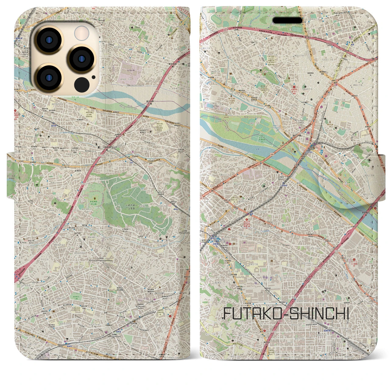 【二子新地(神奈川県)】地図柄iPhoneケース(手帳タイプ)ナチュラル・iPhone 12 Pro Max 用