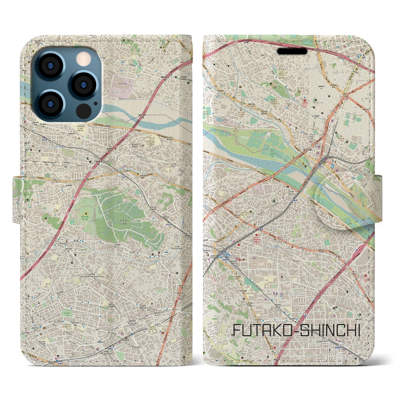 【二子新地(神奈川県)】地図柄iPhoneケース(手帳タイプ)ナチュラル・iPhone 12 / 12 Pro 用