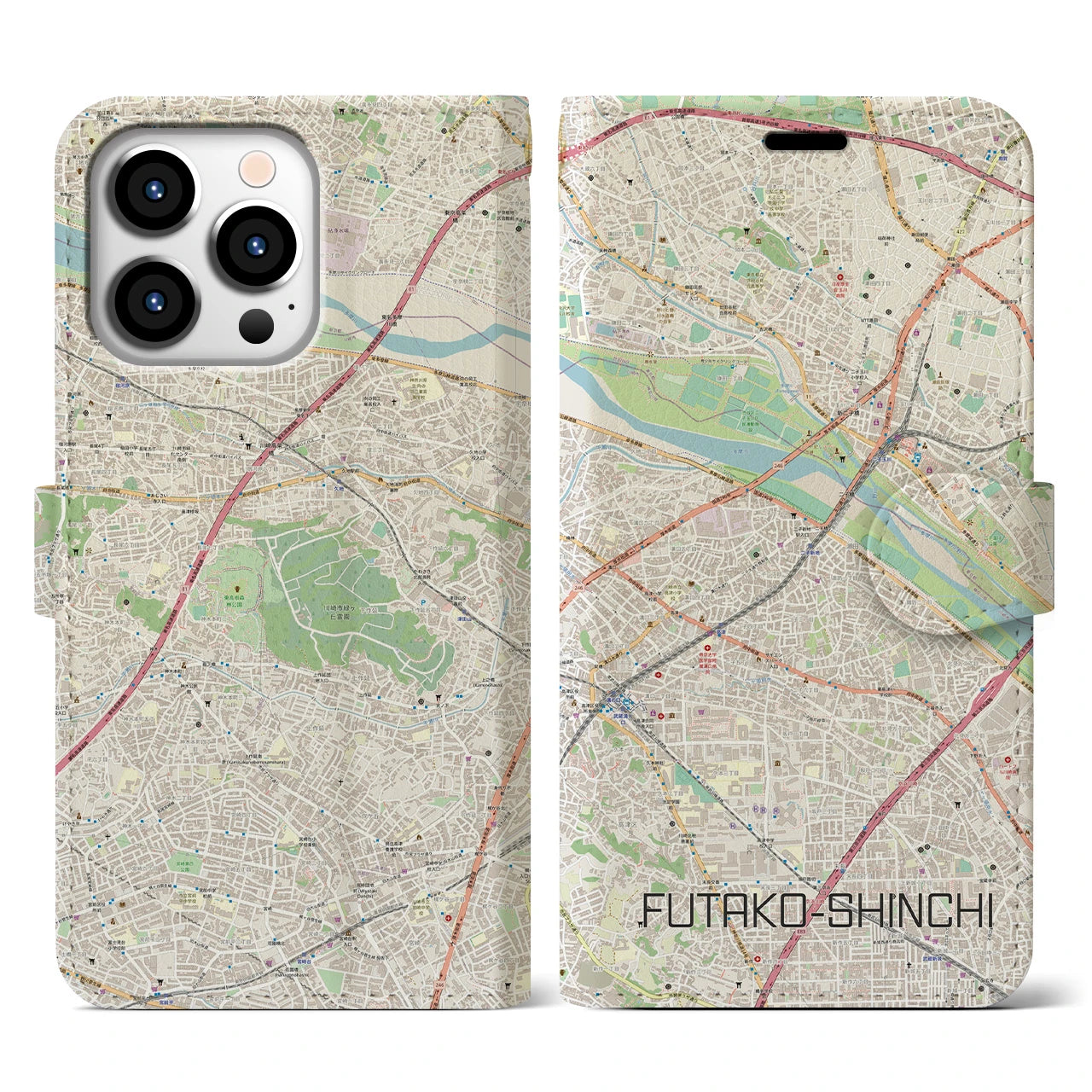 【二子新地(神奈川県)】地図柄iPhoneケース(手帳タイプ)ナチュラル・iPhone 13 Pro 用