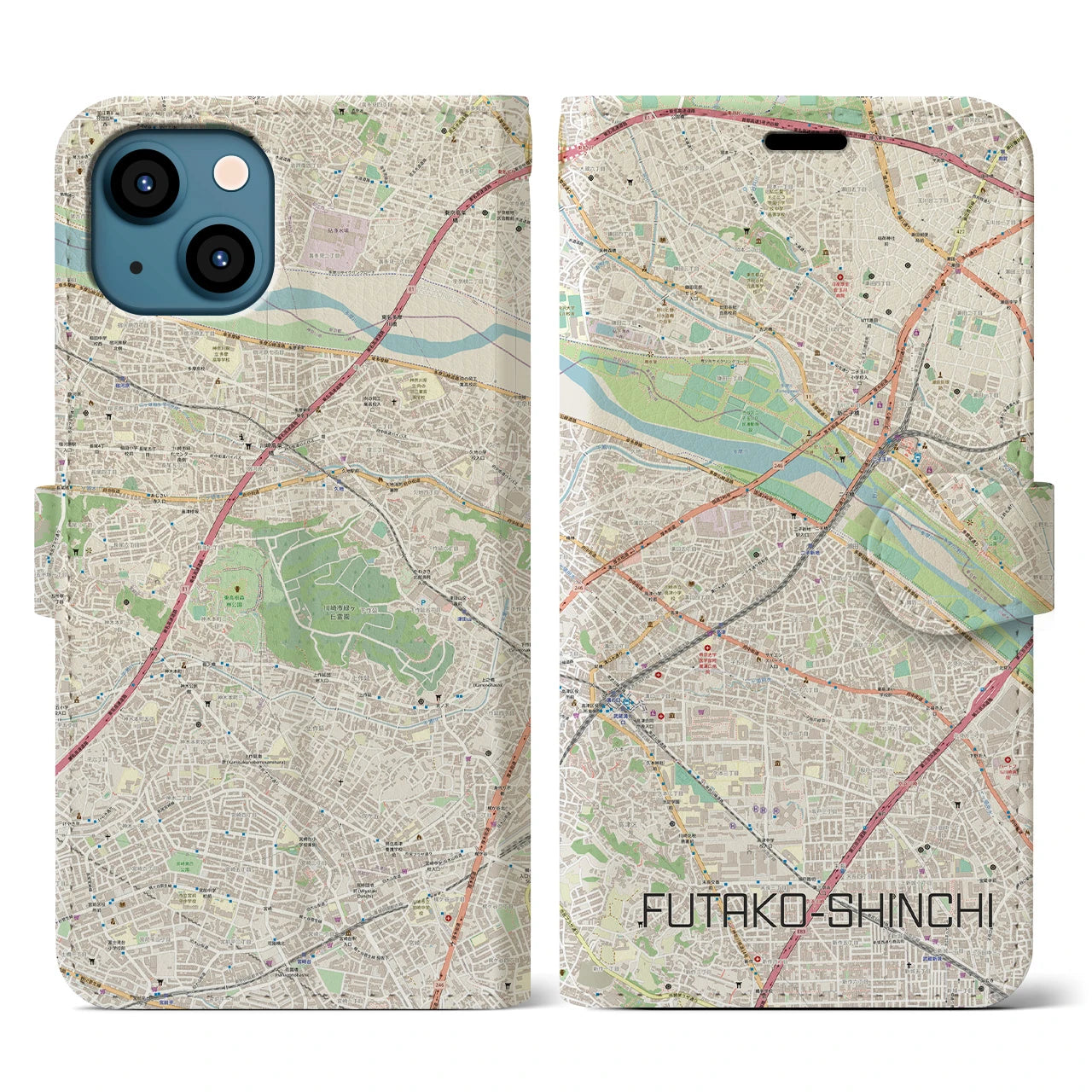 【二子新地(神奈川県)】地図柄iPhoneケース(手帳タイプ)ナチュラル・iPhone 13 用