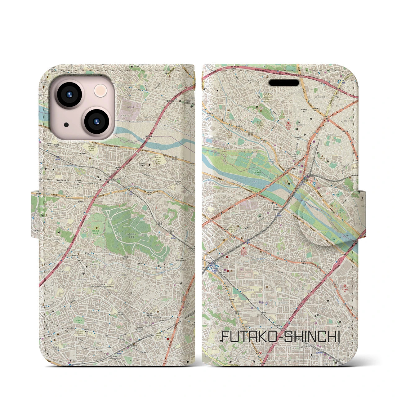 【二子新地(神奈川県)】地図柄iPhoneケース(手帳タイプ)ナチュラル・iPhone 13 mini 用