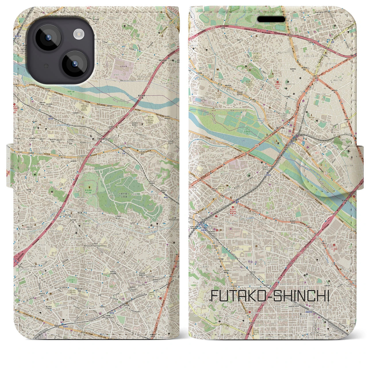 【二子新地(神奈川県)】地図柄iPhoneケース(手帳タイプ)ナチュラル・iPhone 14 Plus 用