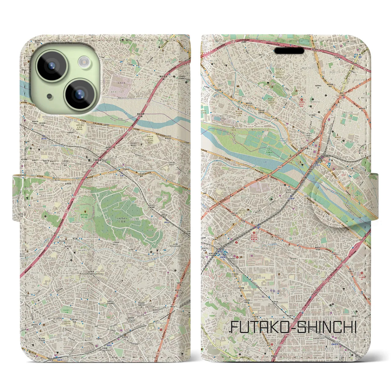 【二子新地(神奈川県)】地図柄iPhoneケース(手帳タイプ)ナチュラル・iPhone 15 用