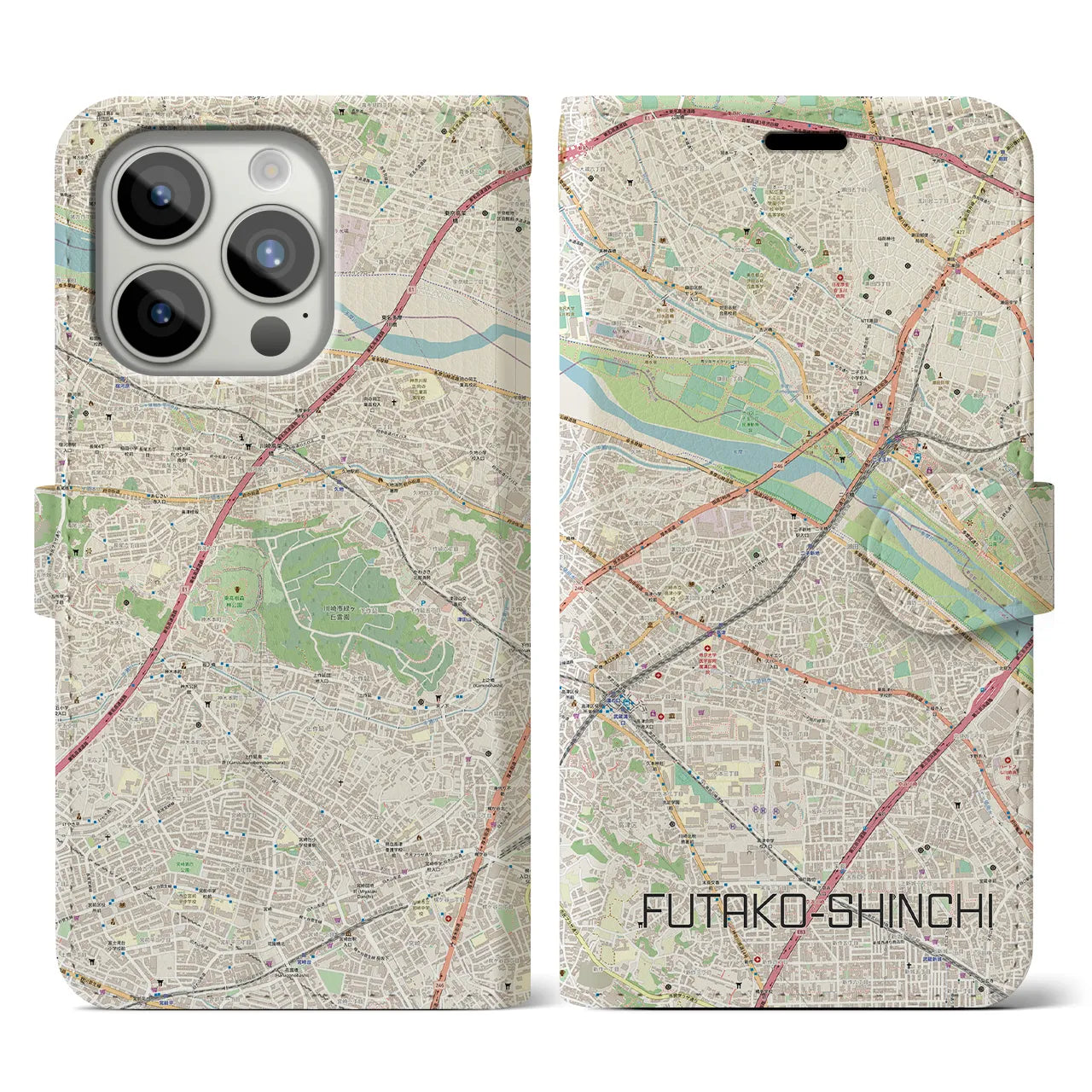 【二子新地(神奈川県)】地図柄iPhoneケース(手帳タイプ)ナチュラル・iPhone 15 Pro 用