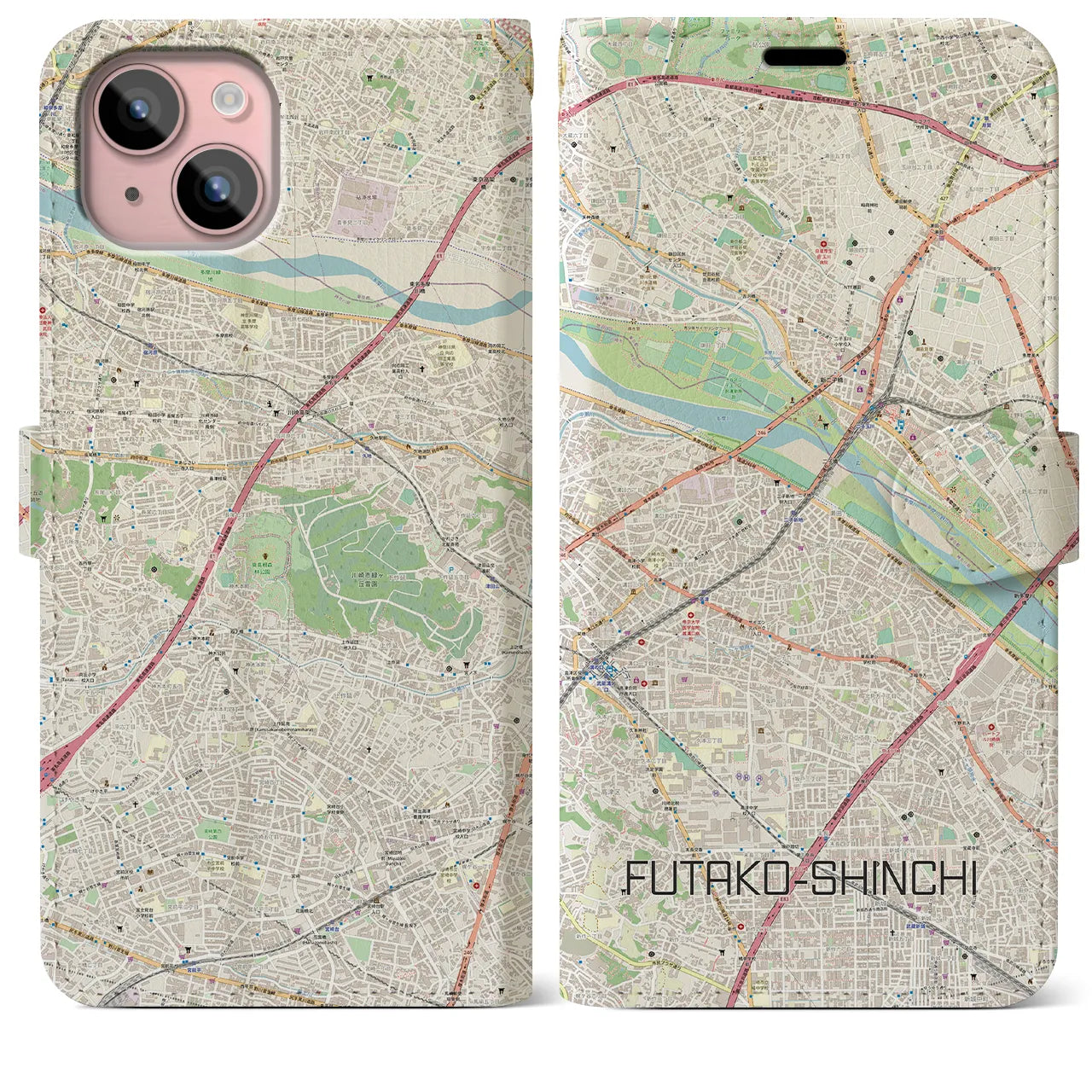 【二子新地(神奈川県)】地図柄iPhoneケース(手帳タイプ)ナチュラル・iPhone 15 Plus 用