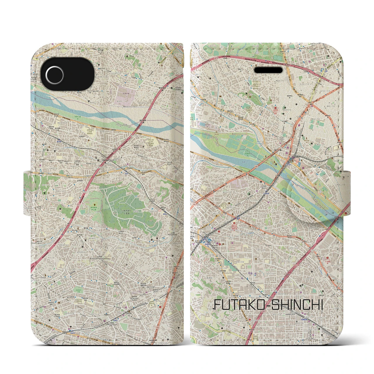 【二子新地(神奈川県)】地図柄iPhoneケース(手帳タイプ)ナチュラル・iPhone SE(第3 / 第2世代) / 8 / 7 / 6s / 6 用