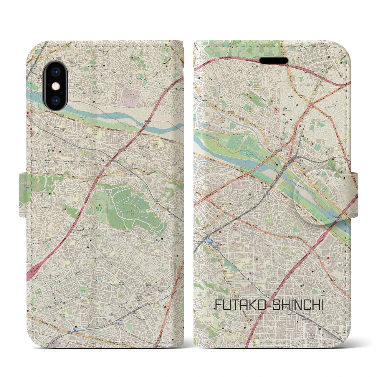 【二子新地(神奈川県)】地図柄iPhoneケース(手帳タイプ)ナチュラル・iPhone XS / X 用