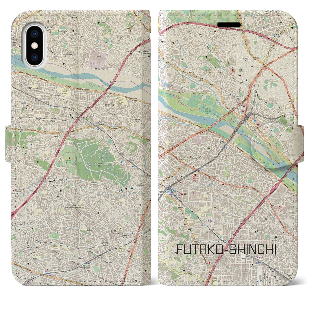 【二子新地(神奈川県)】地図柄iPhoneケース(手帳タイプ)ナチュラル・iPhone XS Max 用