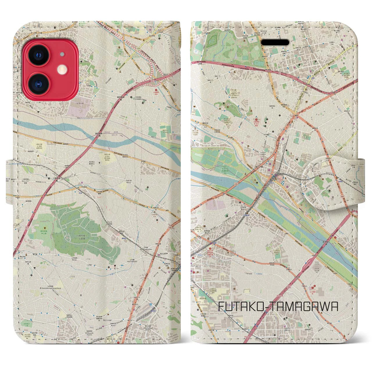 【二子玉川(東京都)】地図柄iPhoneケース(手帳タイプ)ナチュラル・iPhone 11 用