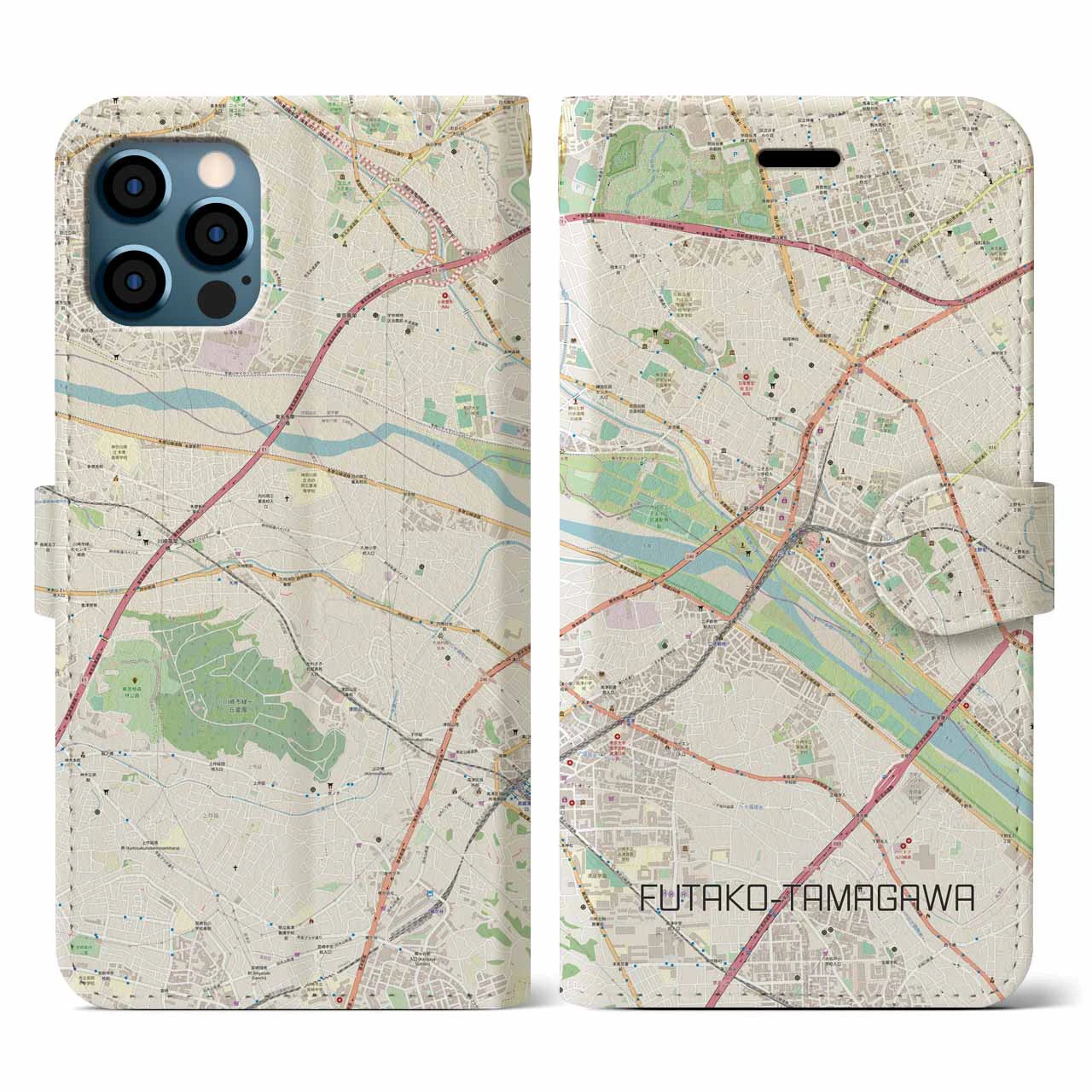 【二子玉川(東京都)】地図柄iPhoneケース(手帳タイプ)ナチュラル・iPhone 12 / 12 Pro 用