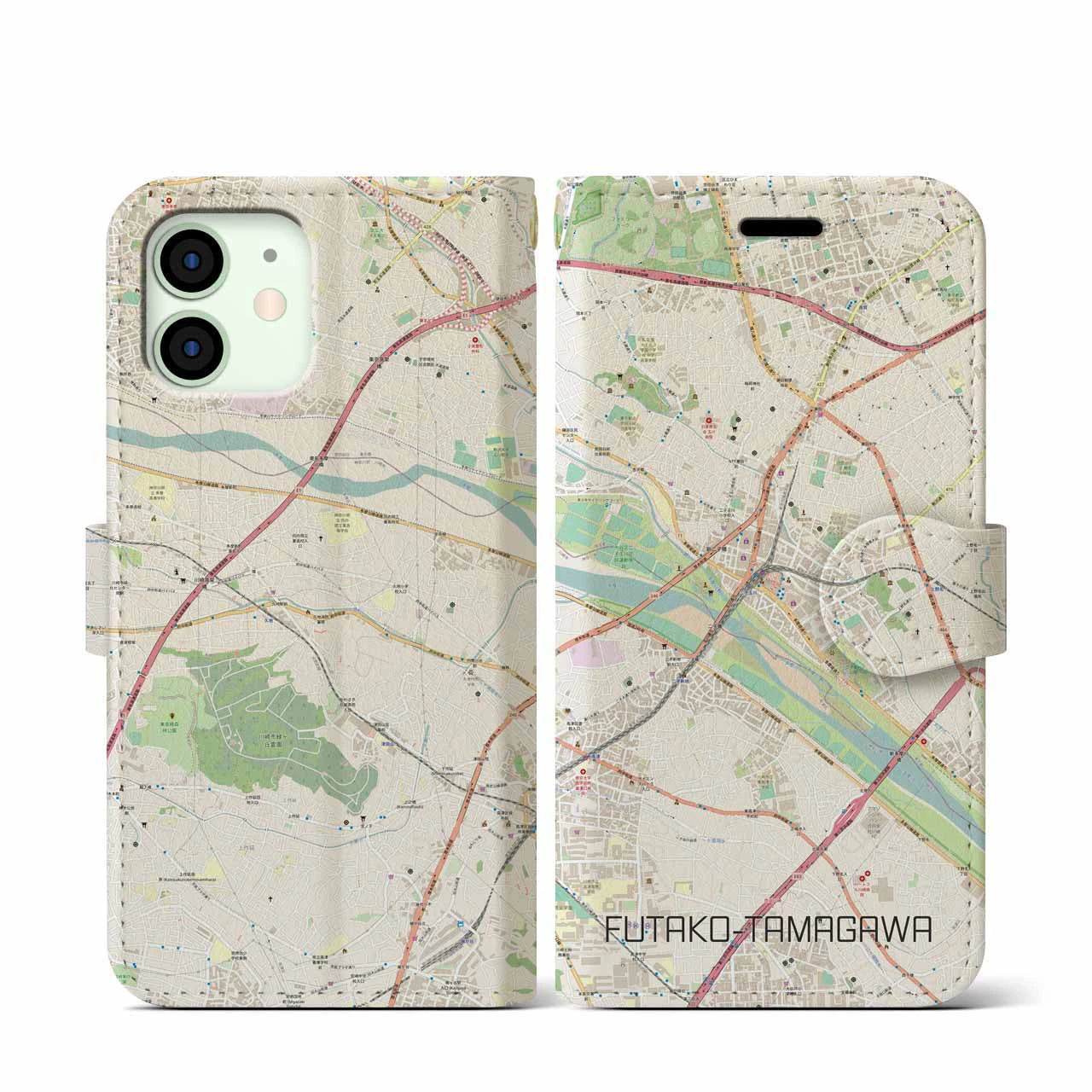 【二子玉川(東京都)】地図柄iPhoneケース(手帳タイプ)ナチュラル・iPhone 12 mini 用