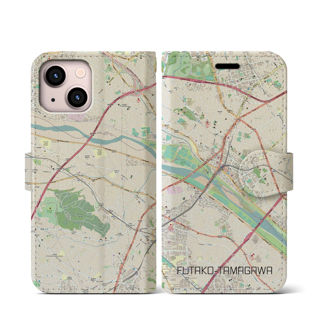 【二子玉川(東京都)】地図柄iPhoneケース(手帳タイプ)ナチュラル・iPhone 13 mini 用