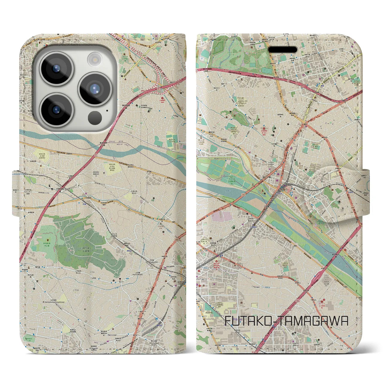 【二子玉川(東京都)】地図柄iPhoneケース(手帳タイプ)ナチュラル・iPhone 15 Pro 用