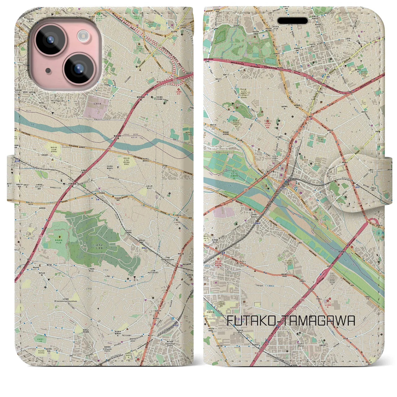【二子玉川(東京都)】地図柄iPhoneケース(手帳タイプ)ナチュラル・iPhone 15 Plus 用