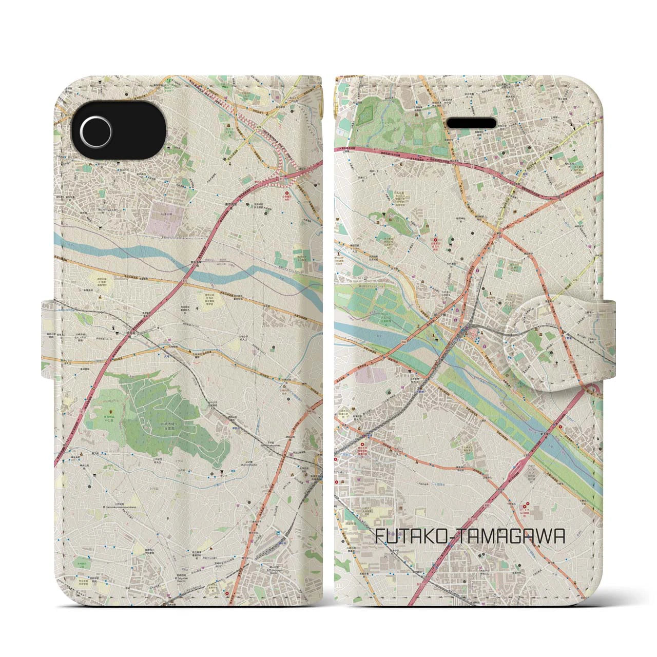 【二子玉川(東京都)】地図柄iPhoneケース(手帳タイプ)ナチュラル・iPhone SE(第3 / 第2世代) / 8 / 7 / 6s / 6 用