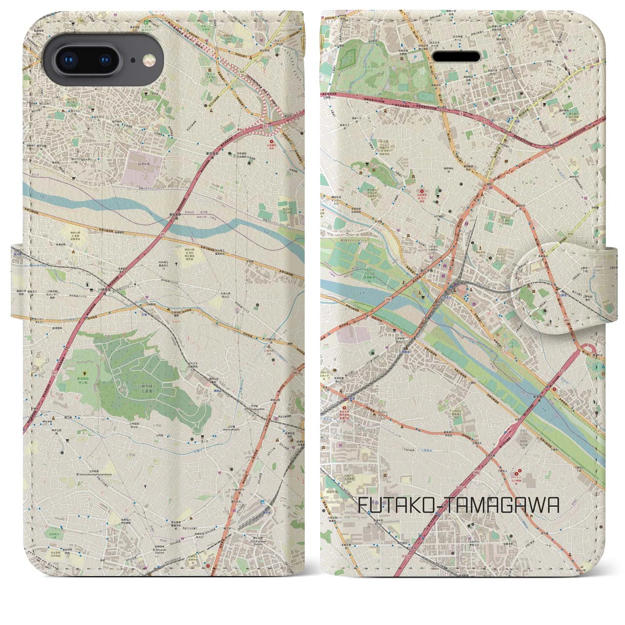 【二子玉川(東京都)】地図柄iPhoneケース(手帳タイプ)ナチュラル・iPhone 8Plus /7Plus / 6sPlus / 6Plus 用