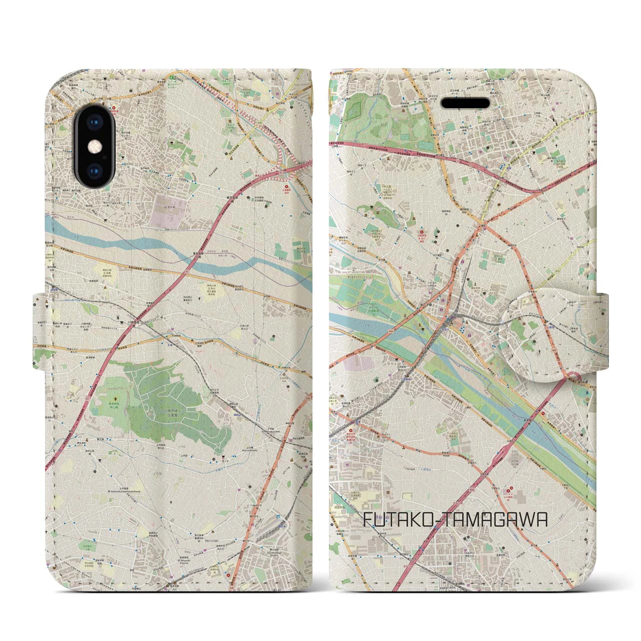 【二子玉川(東京都)】地図柄iPhoneケース(手帳タイプ)ナチュラル・iPhone XS / X 用