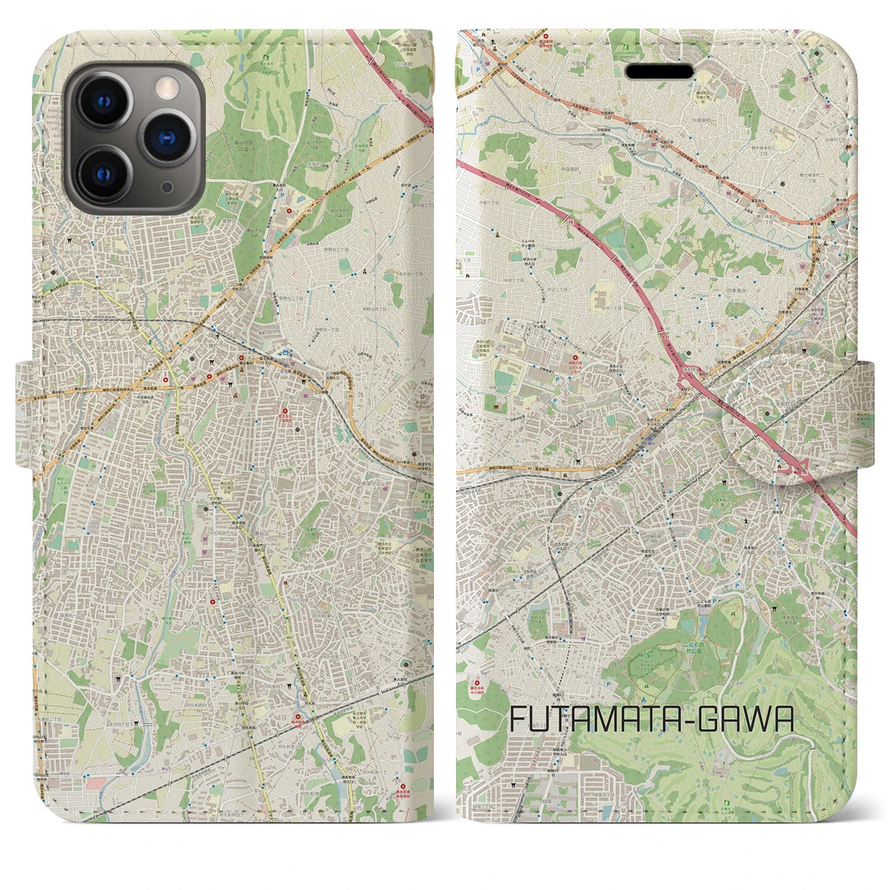 【二俣川(神奈川県)】地図柄iPhoneケース(手帳タイプ)ナチュラル・iPhone 11 Pro Max 用