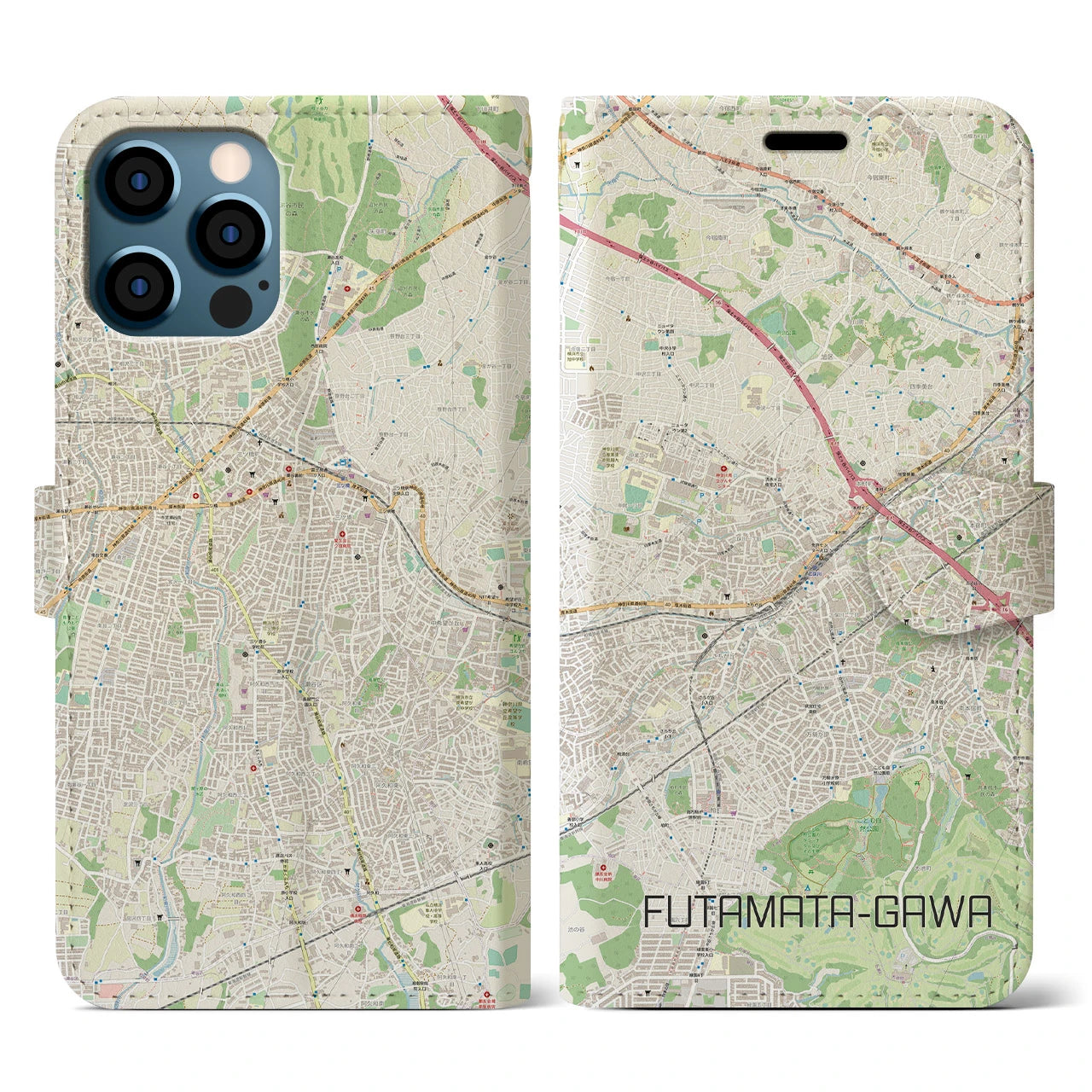 【二俣川(神奈川県)】地図柄iPhoneケース(手帳タイプ)ナチュラル・iPhone 12 / 12 Pro 用
