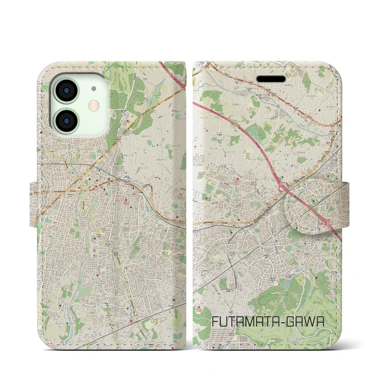 【二俣川(神奈川県)】地図柄iPhoneケース(手帳タイプ)ナチュラル・iPhone 12 mini 用