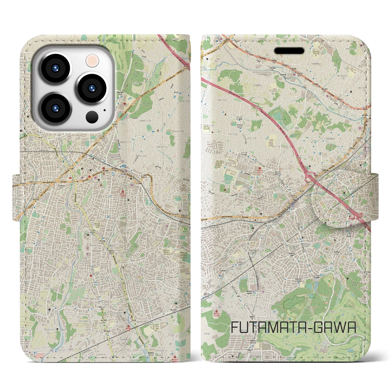 【二俣川(神奈川県)】地図柄iPhoneケース(手帳タイプ)ナチュラル・iPhone 13 Pro 用