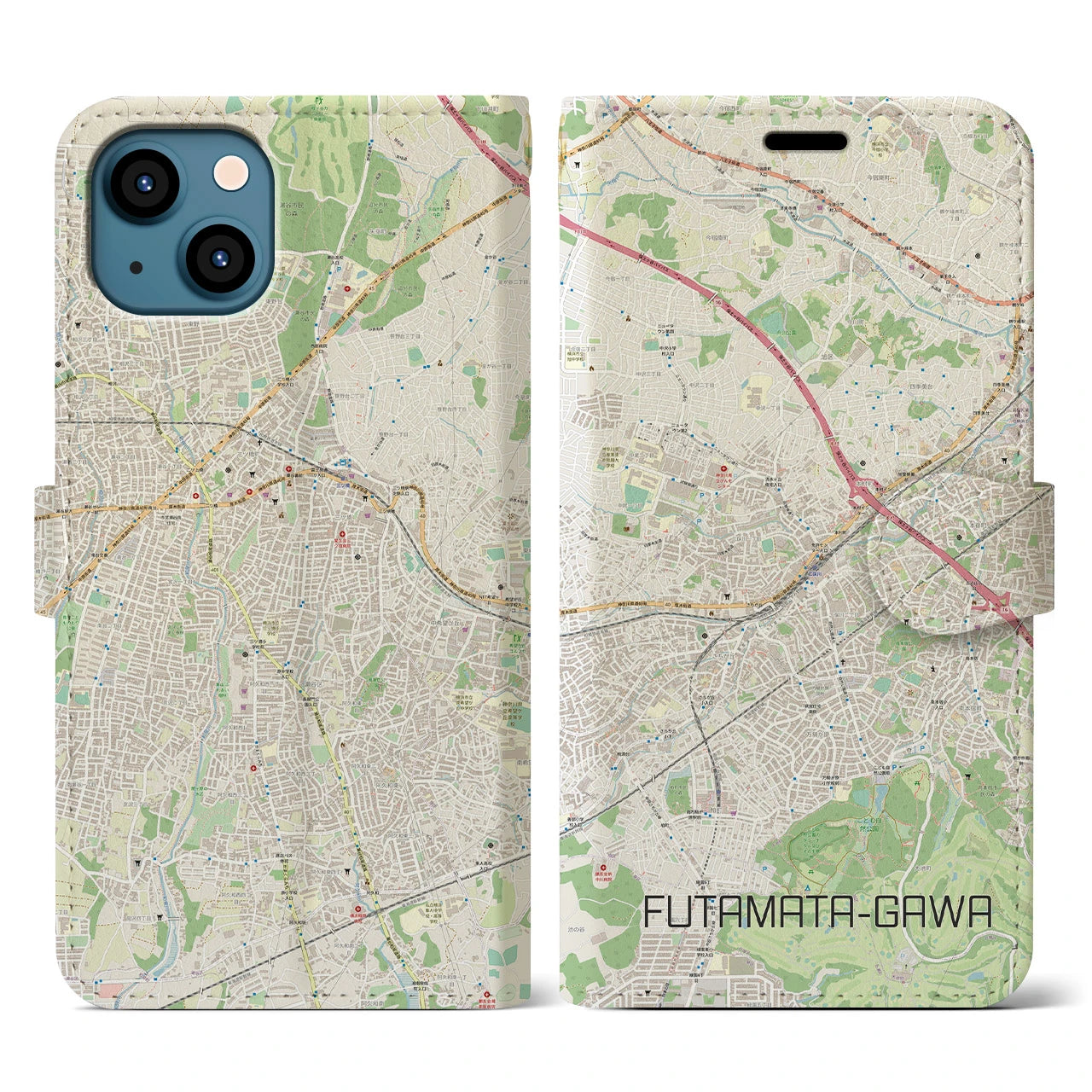 【二俣川(神奈川県)】地図柄iPhoneケース(手帳タイプ)ナチュラル・iPhone 13 用