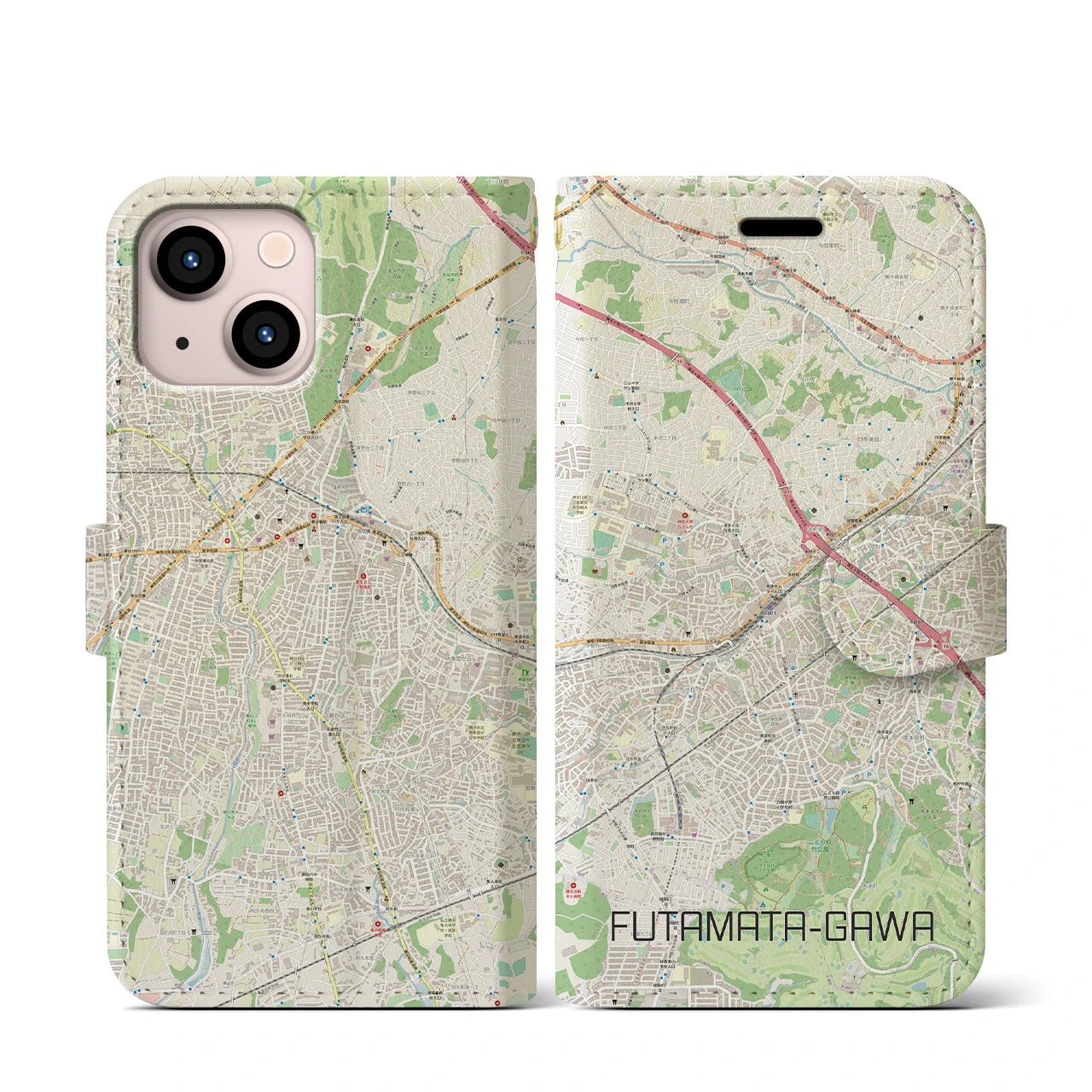 【二俣川(神奈川県)】地図柄iPhoneケース(手帳タイプ)ナチュラル・iPhone 13 mini 用