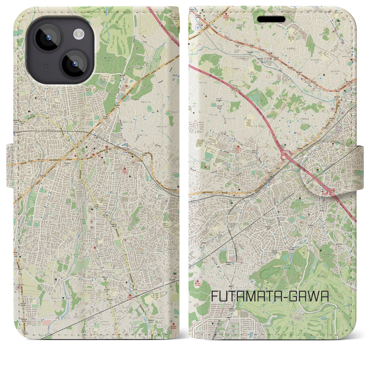 【二俣川(神奈川県)】地図柄iPhoneケース(手帳タイプ)ナチュラル・iPhone 14 Plus 用