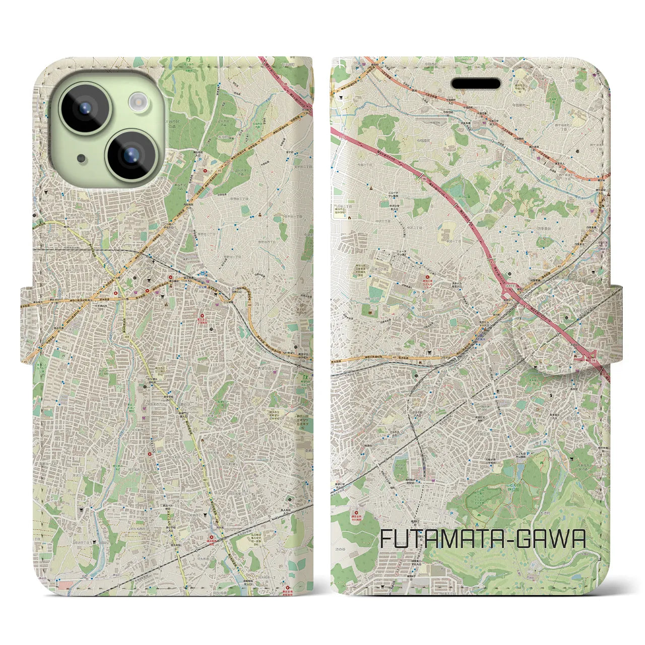 【二俣川(神奈川県)】地図柄iPhoneケース(手帳タイプ)ナチュラル・iPhone 15 用