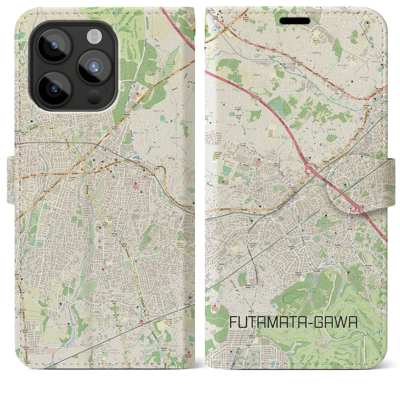 【二俣川(神奈川県)】地図柄iPhoneケース(手帳タイプ)ナチュラル・iPhone 15 Pro Max 用