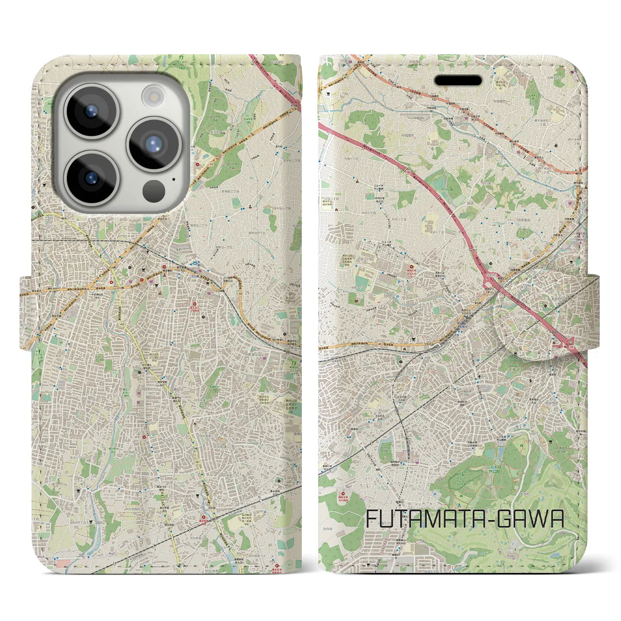 【二俣川(神奈川県)】地図柄iPhoneケース(手帳タイプ)ナチュラル・iPhone 15 Pro 用