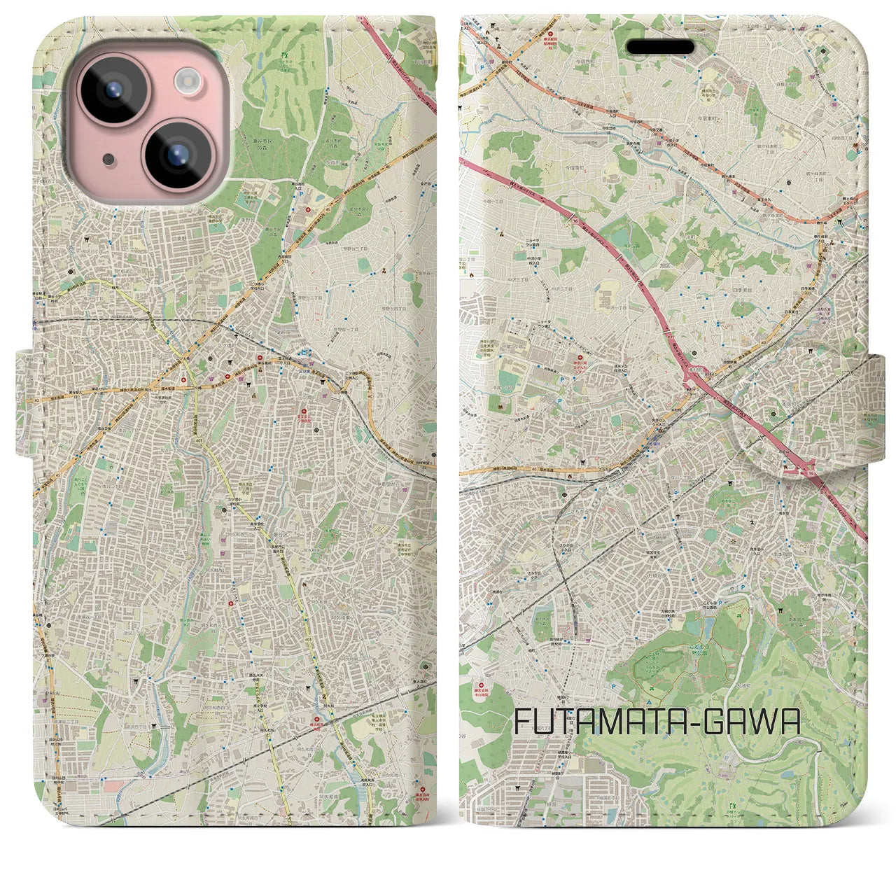 【二俣川(神奈川県)】地図柄iPhoneケース(手帳タイプ)ナチュラル・iPhone 15 Plus 用