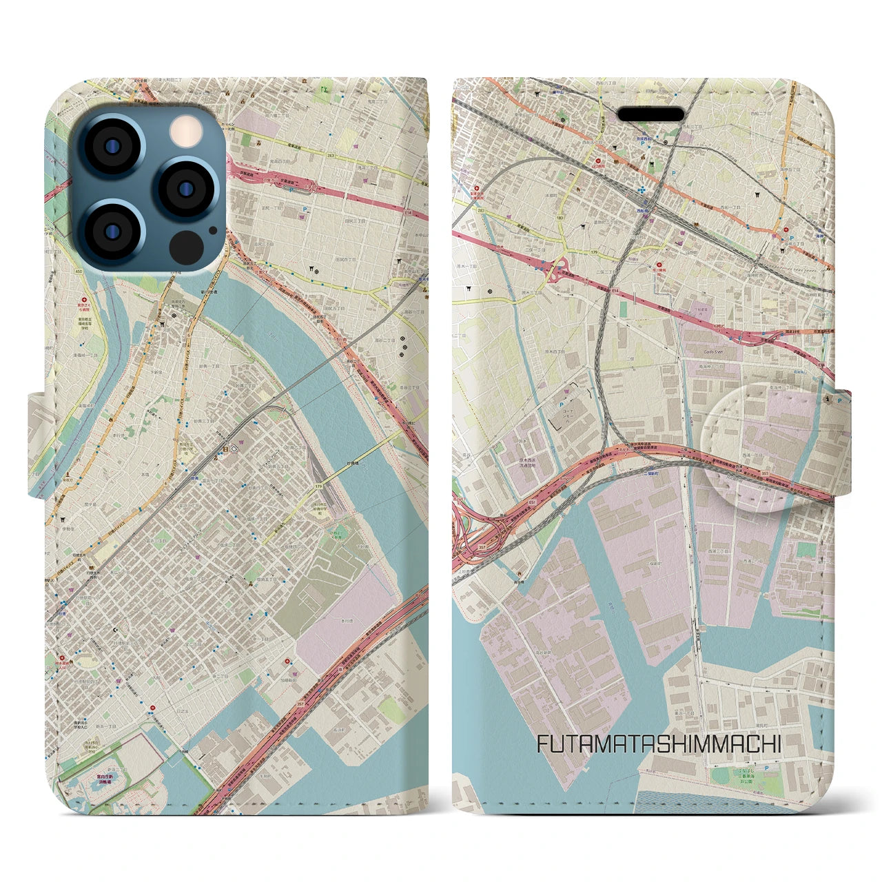 【二俣新町(千葉県)】地図柄iPhoneケース(手帳タイプ)ナチュラル・iPhone 12 / 12 Pro 用