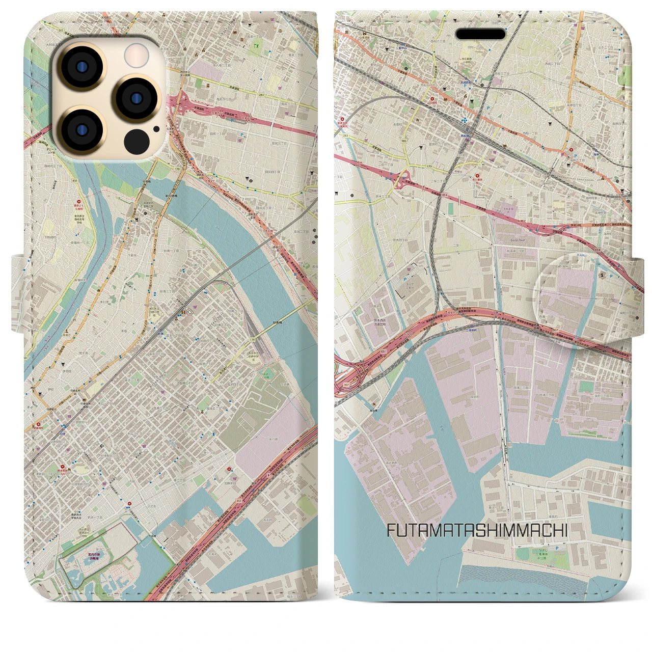 【二俣新町(千葉県)】地図柄iPhoneケース(手帳タイプ)ナチュラル・iPhone 12 Pro Max 用