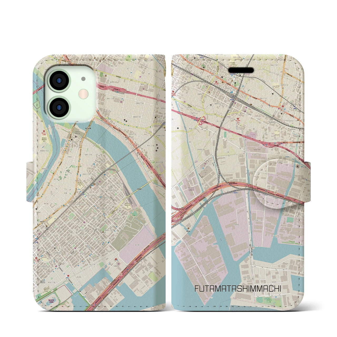 【二俣新町(千葉県)】地図柄iPhoneケース(手帳タイプ)ナチュラル・iPhone 12 mini 用