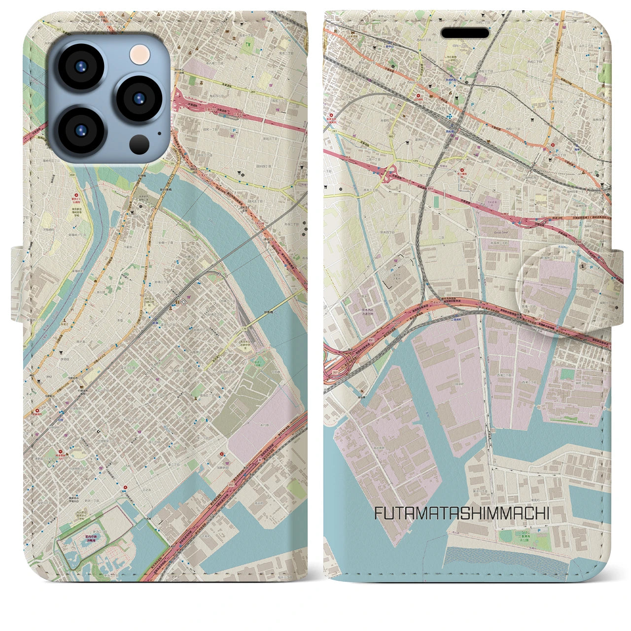 【二俣新町(千葉県)】地図柄iPhoneケース(手帳タイプ)ナチュラル・iPhone 13 Pro Max 用