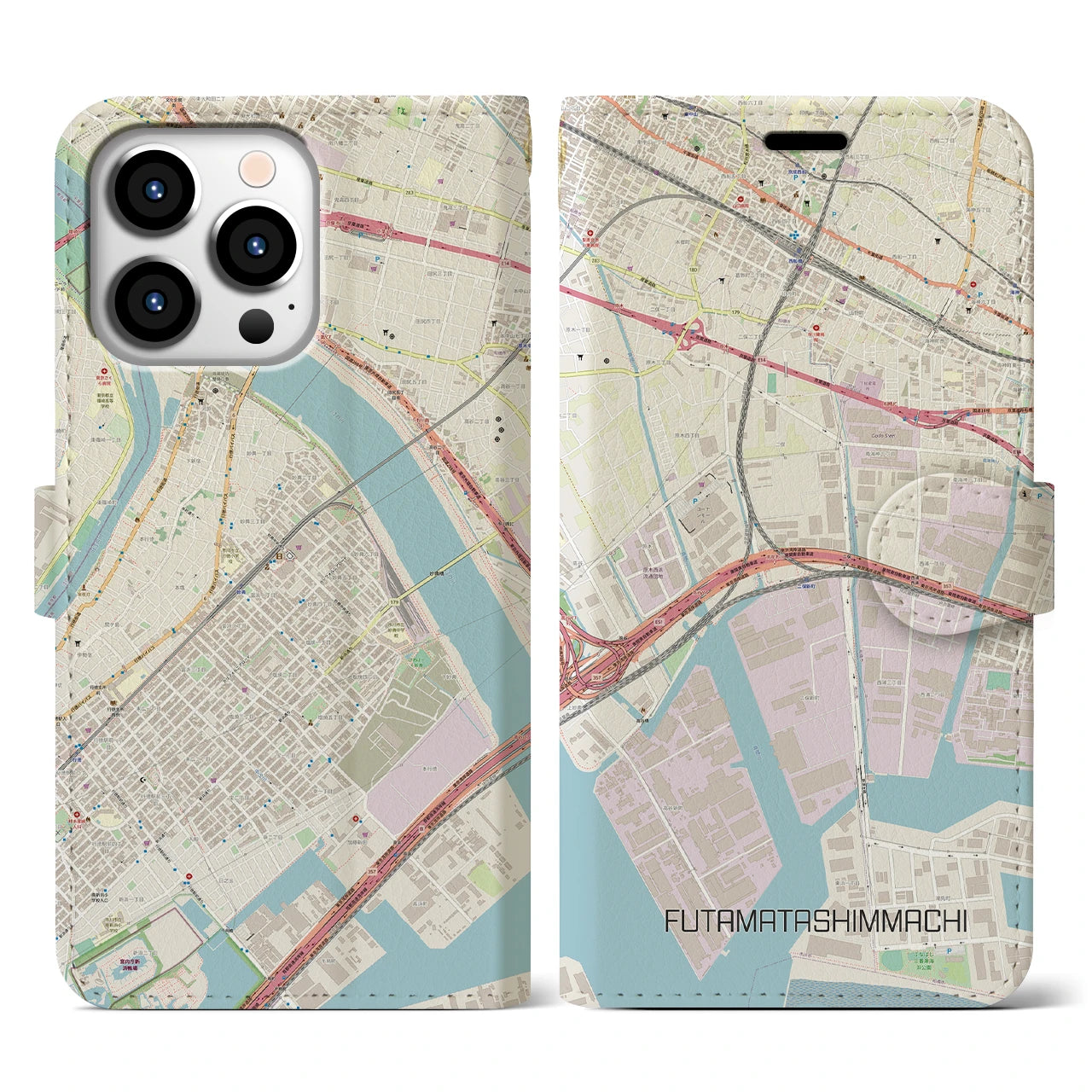 【二俣新町(千葉県)】地図柄iPhoneケース(手帳タイプ)ナチュラル・iPhone 13 Pro 用