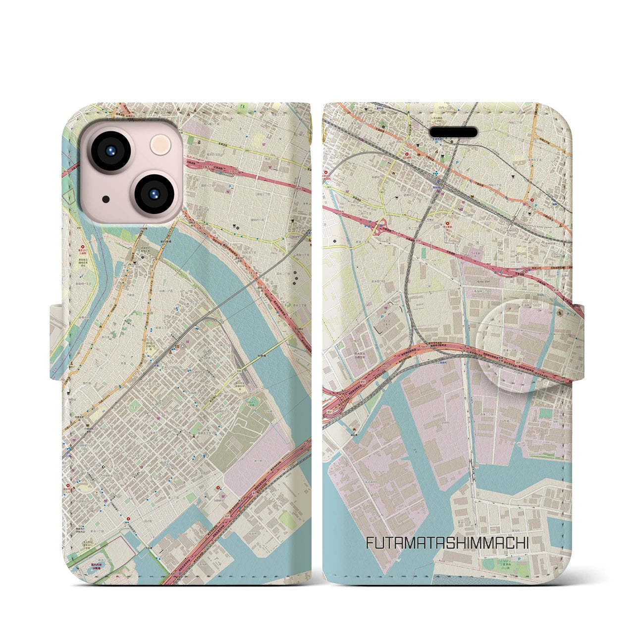 【二俣新町(千葉県)】地図柄iPhoneケース(手帳タイプ)ナチュラル・iPhone 13 mini 用