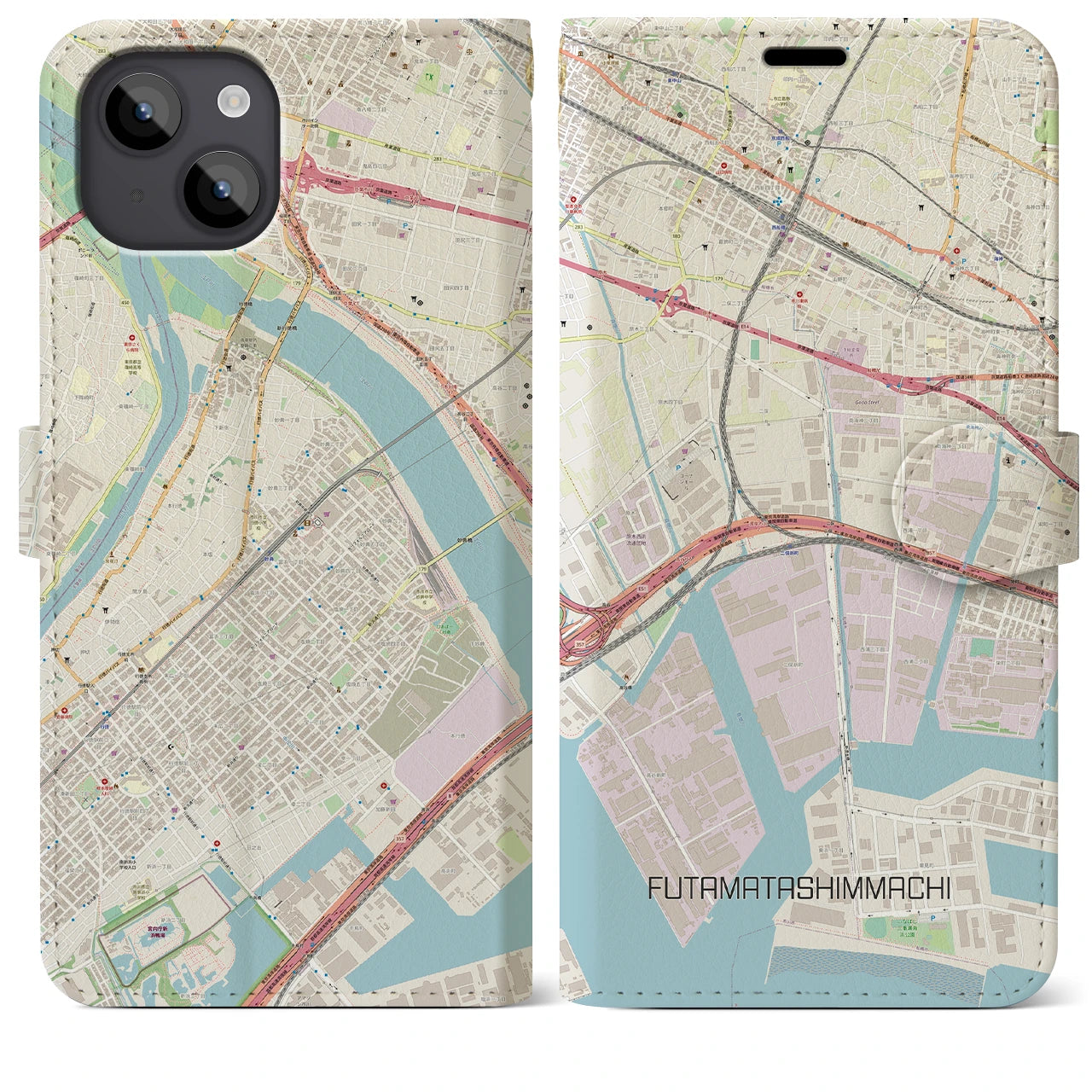 【二俣新町(千葉県)】地図柄iPhoneケース(手帳タイプ)ナチュラル・iPhone 14 Plus 用