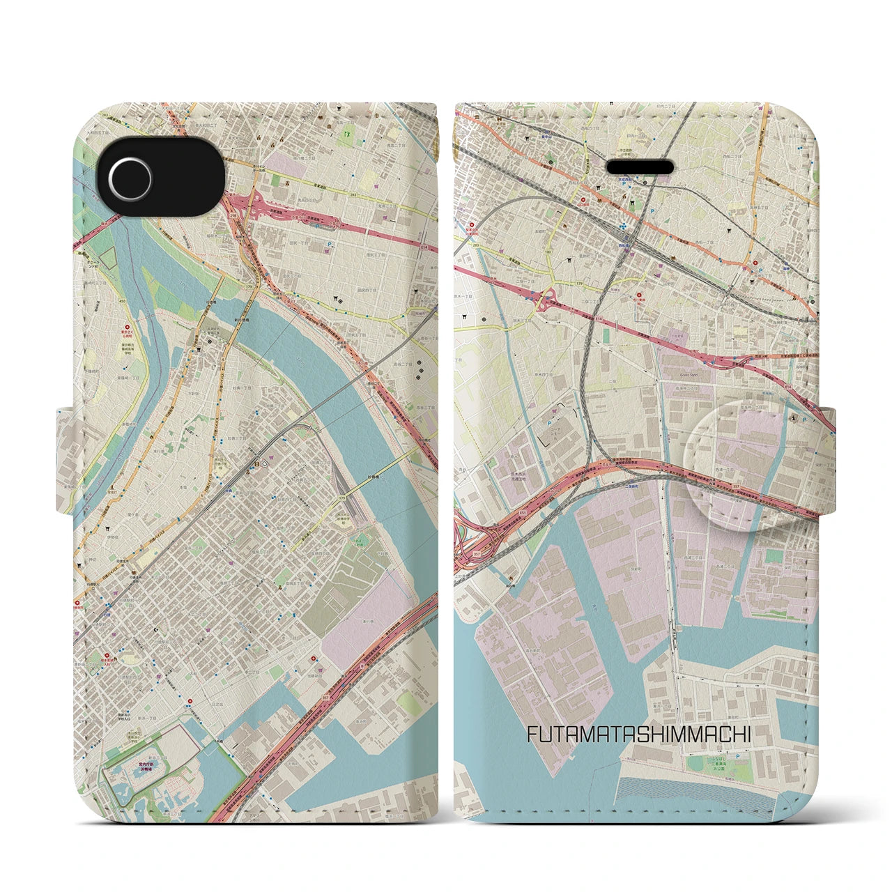 【二俣新町(千葉県)】地図柄iPhoneケース(手帳タイプ)ナチュラル・iPhone SE(第3 / 第2世代) / 8 / 7 / 6s / 6 用