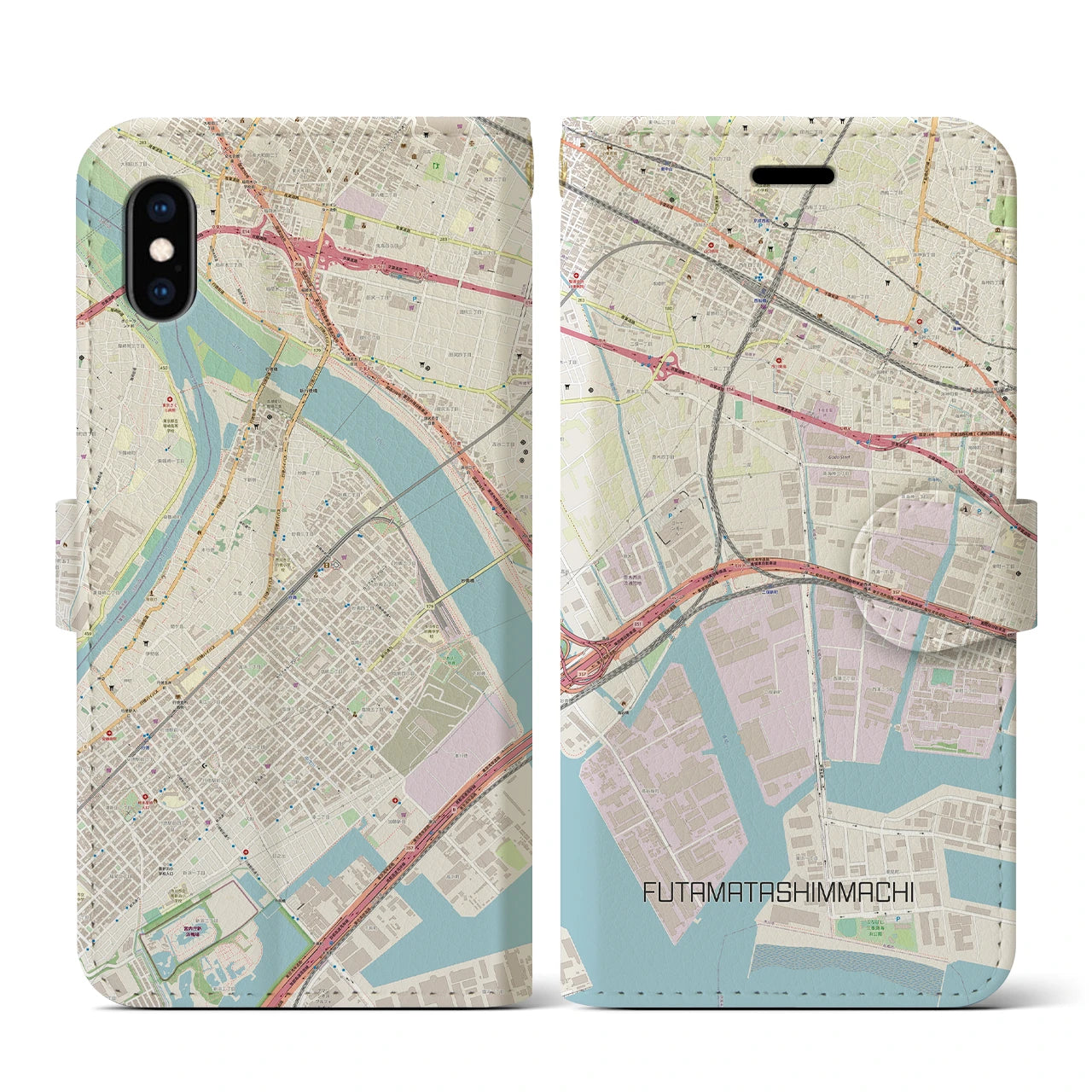 【二俣新町(千葉県)】地図柄iPhoneケース(手帳タイプ)ナチュラル・iPhone XS / X 用