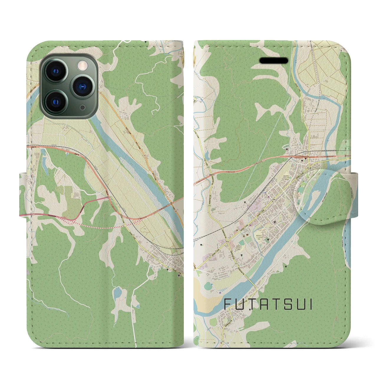 【二ツ井(秋田県)】地図柄iPhoneケース(手帳タイプ)ナチュラル・iPhone 11 Pro 用