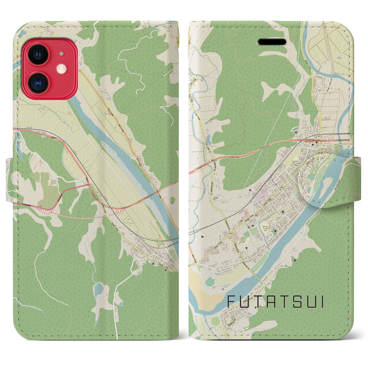 【二ツ井(秋田県)】地図柄iPhoneケース(手帳タイプ)ナチュラル・iPhone 11 用