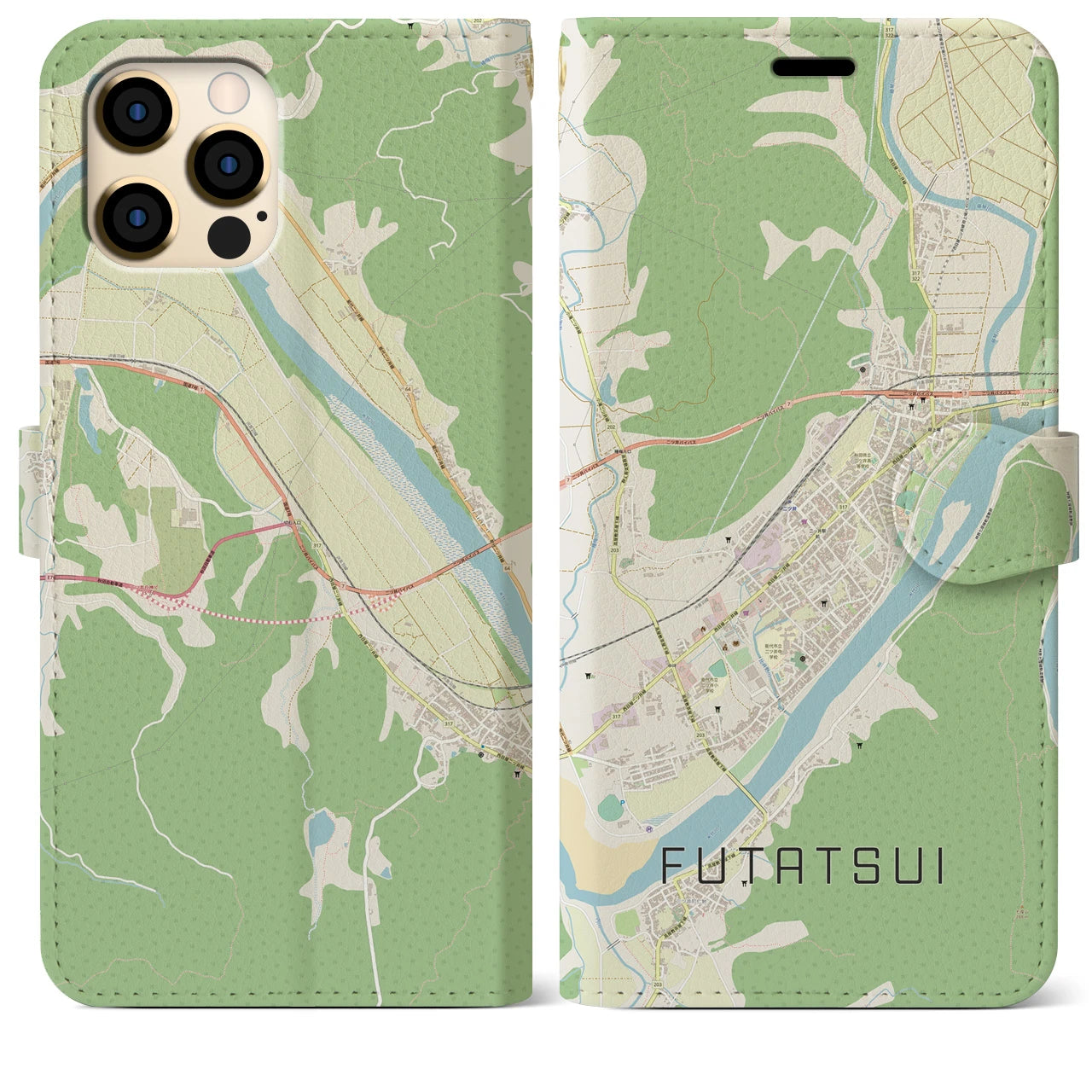 【二ツ井(秋田県)】地図柄iPhoneケース(手帳タイプ)ナチュラル・iPhone 12 Pro Max 用