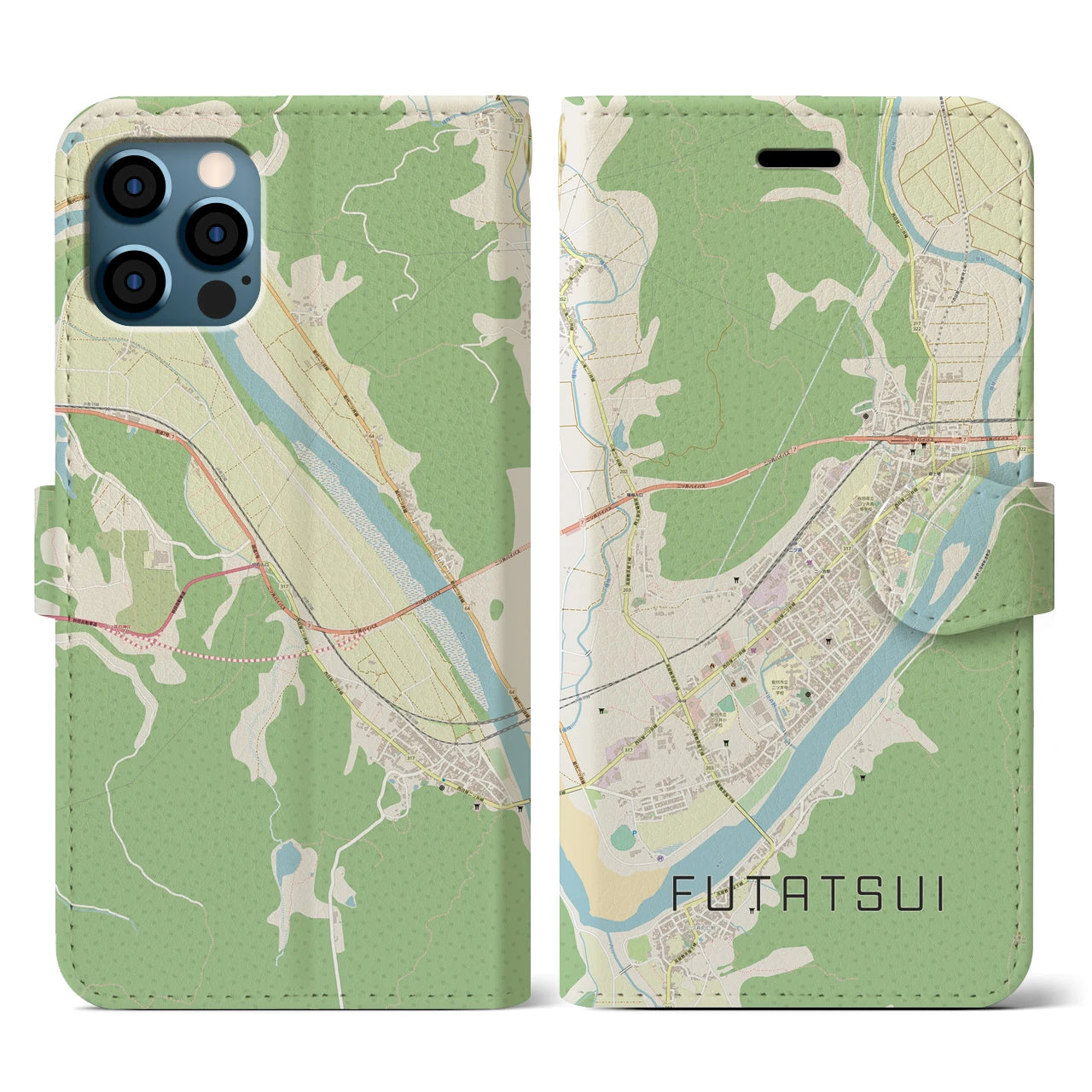 【二ツ井(秋田県)】地図柄iPhoneケース(手帳タイプ)ナチュラル・iPhone 12 / 12 Pro 用