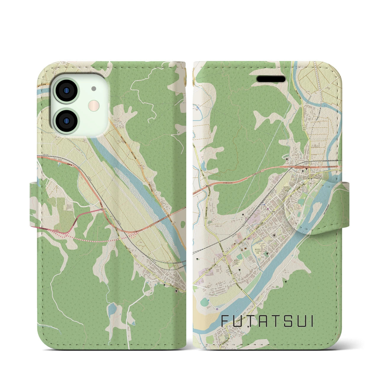 【二ツ井(秋田県)】地図柄iPhoneケース(手帳タイプ)ナチュラル・iPhone 12 mini 用