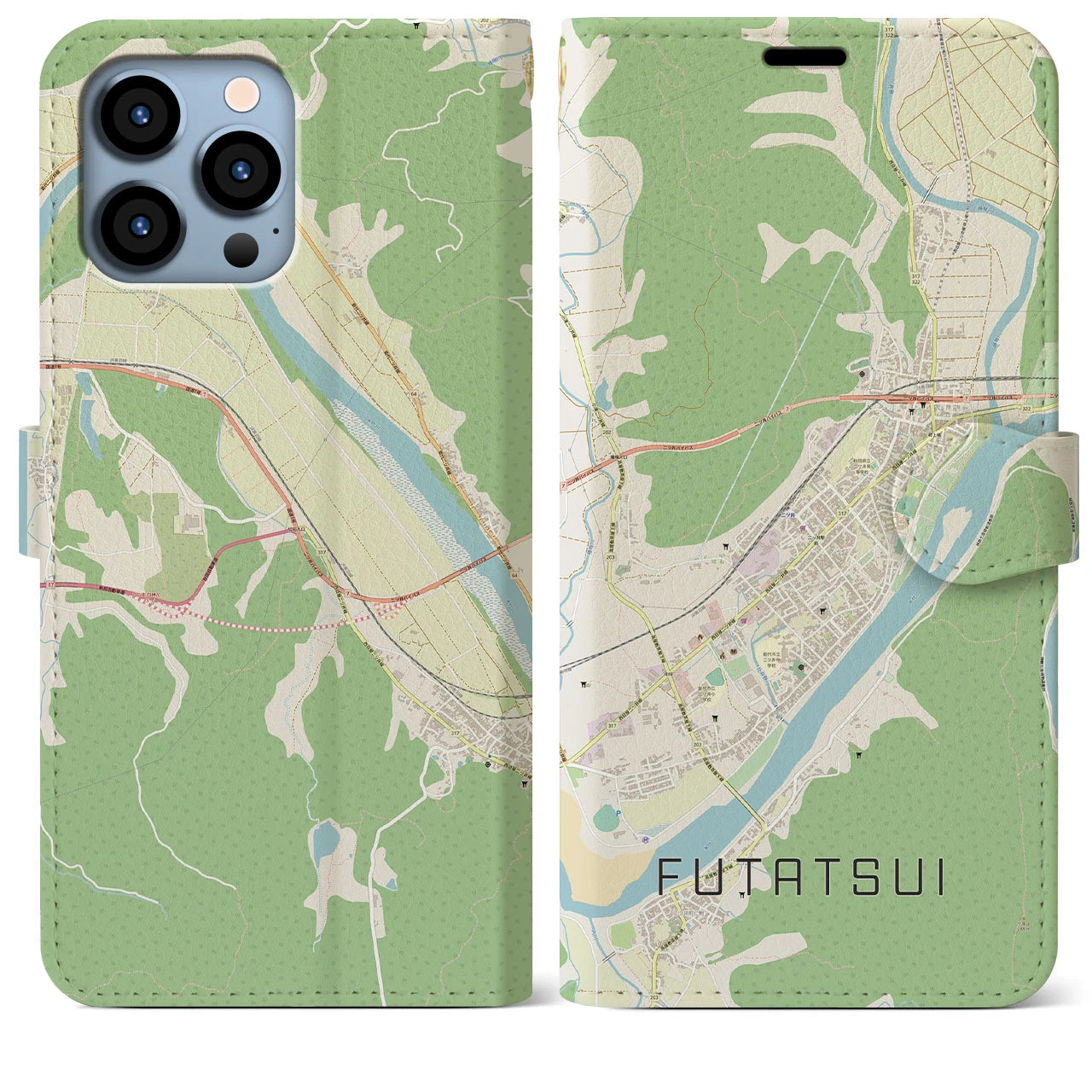【二ツ井(秋田県)】地図柄iPhoneケース(手帳タイプ)ナチュラル・iPhone 13 Pro Max 用