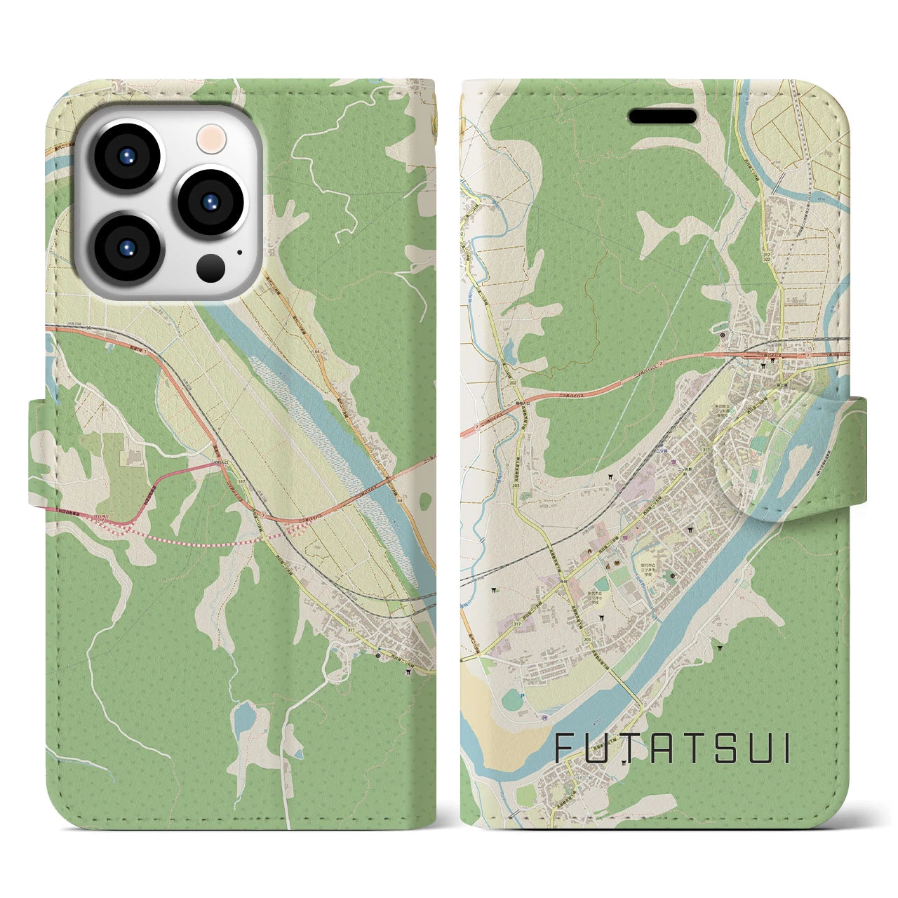 【二ツ井(秋田県)】地図柄iPhoneケース(手帳タイプ)ナチュラル・iPhone 13 Pro 用