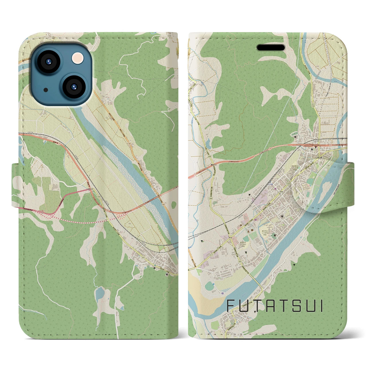 【二ツ井(秋田県)】地図柄iPhoneケース(手帳タイプ)ナチュラル・iPhone 13 用